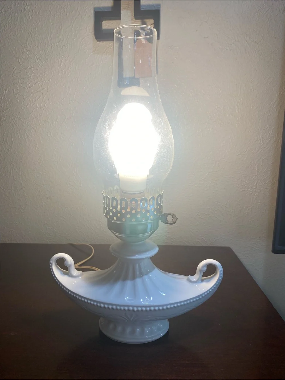 Vintage, Milk Glass Electric Hurricane Lamp, Wide Handled Base and Glass Chimney